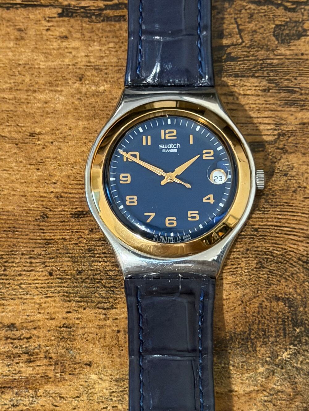 Vintage Swatch Irony Blue Dial Gold Bezel Quartz Watch Leather Strap
